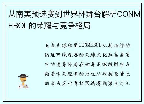 从南美预选赛到世界杯舞台解析CONMEBOL的荣耀与竞争格局 从南美预选赛到世界杯舞台解析CONMEBOL的荣耀与竞争格局