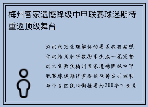 梅州客家遗憾降级中甲联赛球迷期待重返顶级舞台 梅州客家遗憾降级中甲联赛球迷期待重返顶级舞台